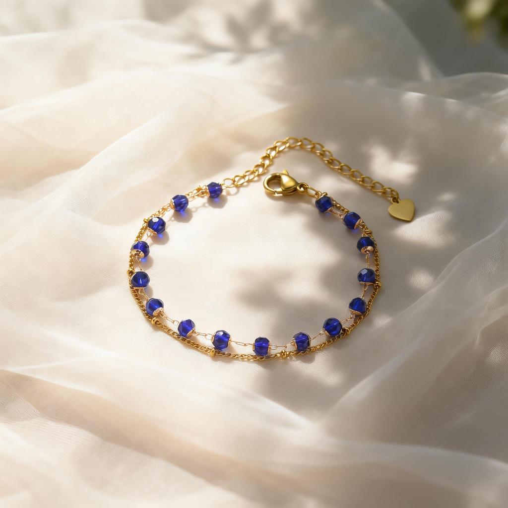 Boho Blue Crystal Beads Bracelets for Women Double Layer Thin Link Stainless Steel Bracelet Fashion Elegant Jewelry Gifts