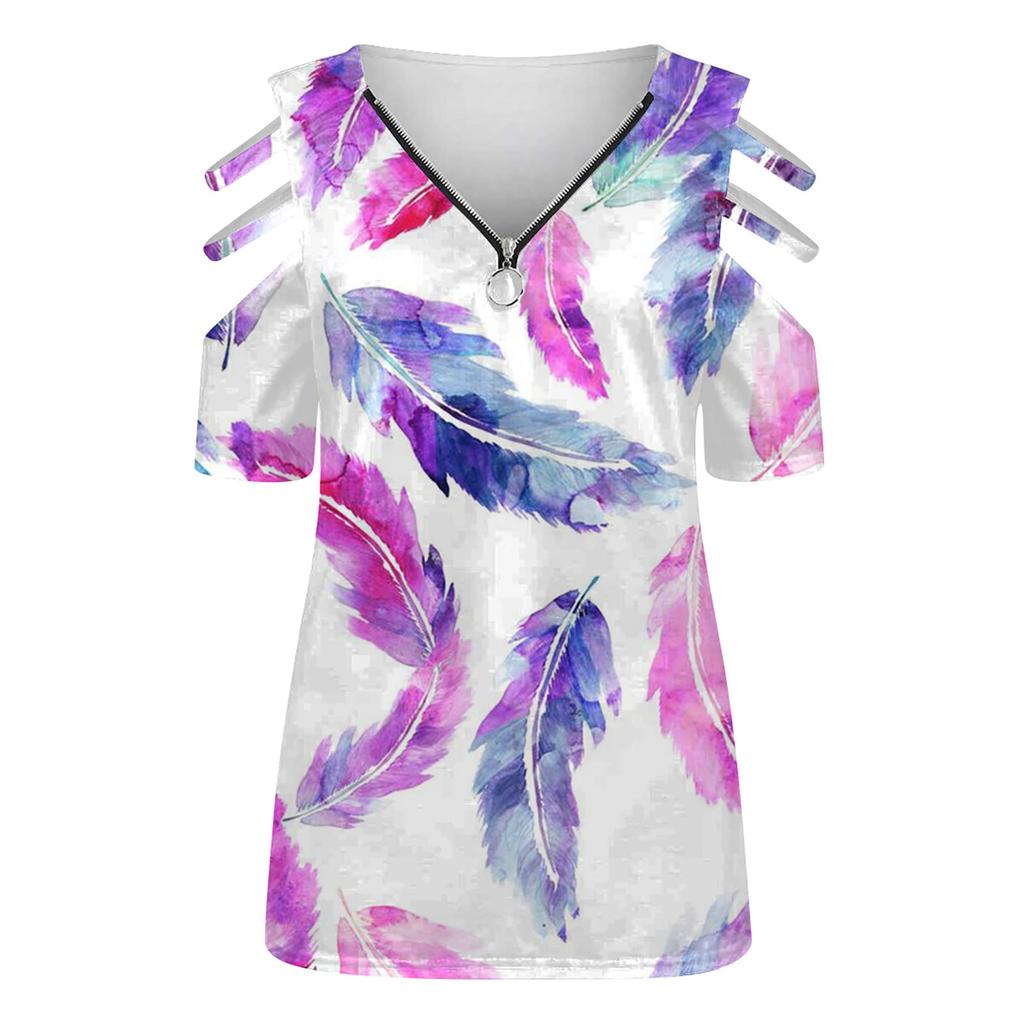 Women's Fashion Casual V-Neck Zipper Printed Off-Shoulder Short-Sleeved T-Shirt Top
