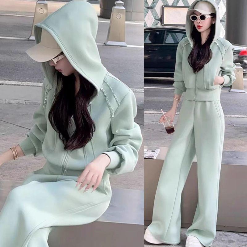 

2025 Chic European Women s Spring Tracksuit: Hooded Sweatshirt & Wide-Leg Pants Two-Piece Set 2XL