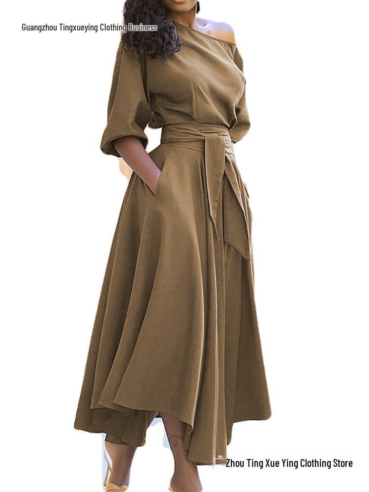 Spring Women's Elegant One-Shoulder Dress with Cinched Waist