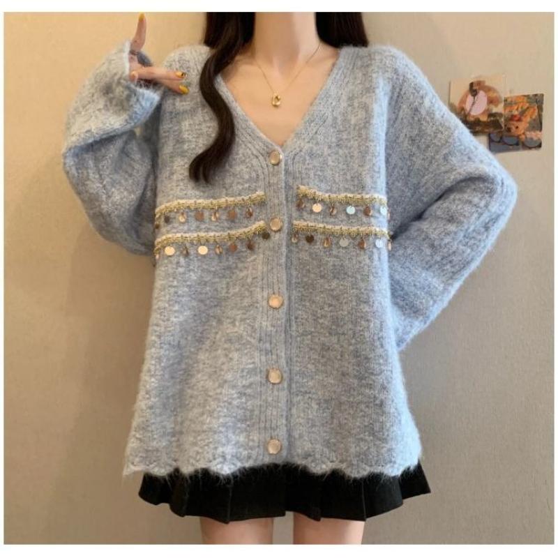 Women Sequin Decorated Solid Color Sweater Lazy Style Loose Fitting V-neck Knitted Sweaters Autumn Fashion Versatile LadySingle Breasted Top Coat