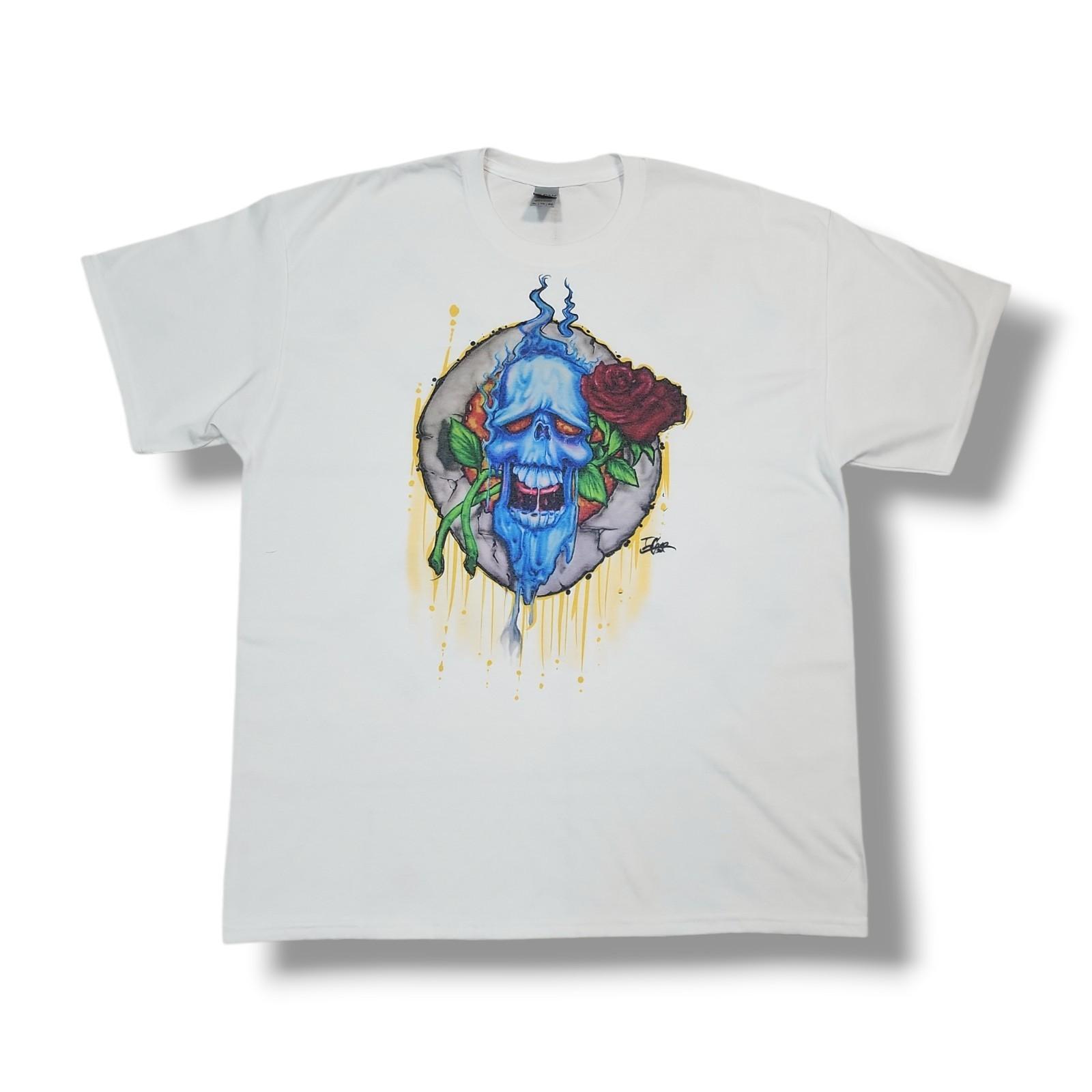 Custom Airbrushed Blue Skull & Rose White Gildan T-Shirt Men s XL S
