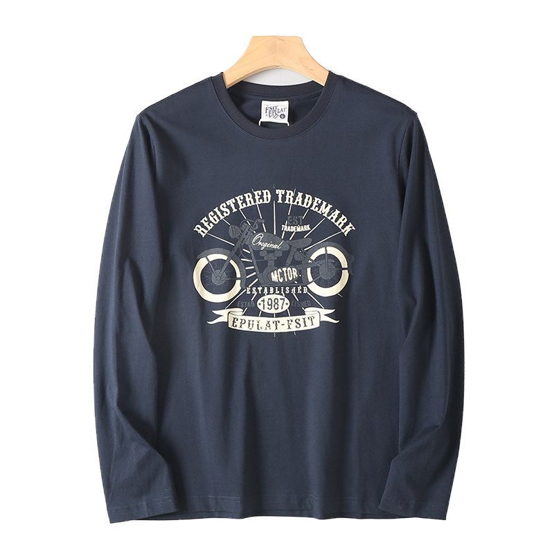 Men's Vintage Motorcycle Style Cotton Printed Base Shirt, Spring and Autumn American Casual Loose Long-Sleeve T-Shirt
