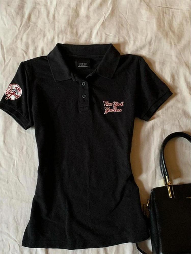 

Вышитая футболка-поло с коротким рукавом и воротником-поло, женская, летний дизайн, для горячей девушки, винтажный преппи-стиль, короткие тонкие футболки, наряды S чёрный