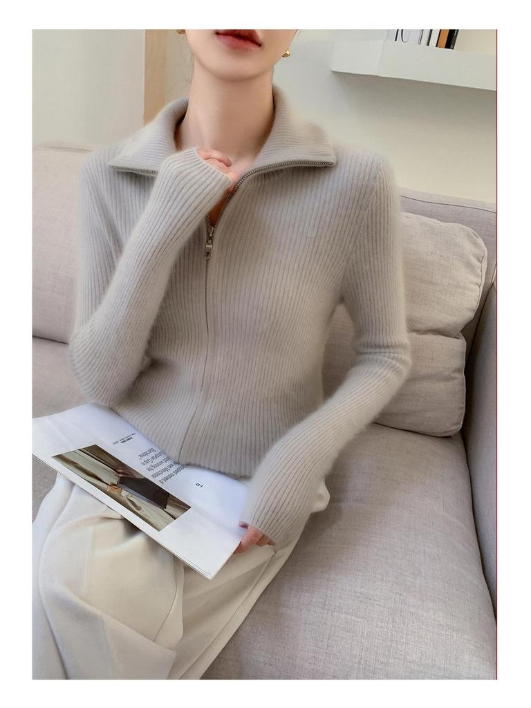 25 Premium Women's Baby Cashmere Cardigan, Double-Zipper Lapel Ribbed Sweater, Loose Wool Coat for Autumn/Winter.