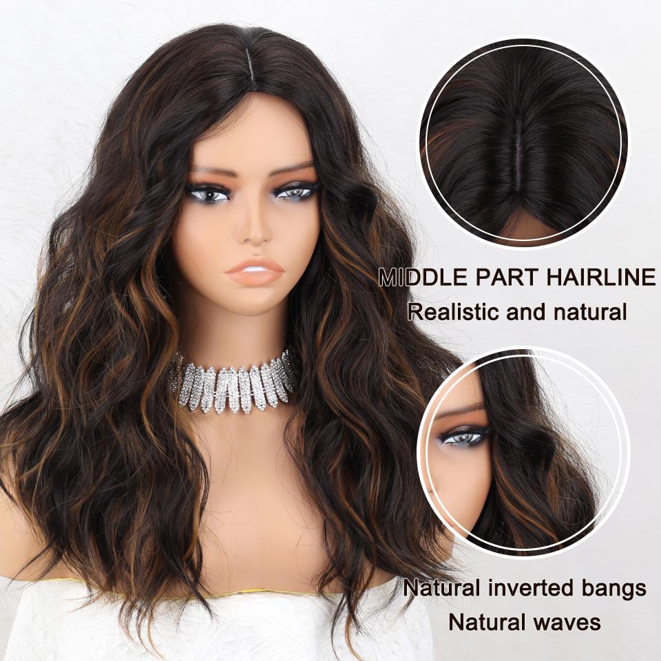 MISS WIG Lange brune bølgete parykker for kvinner Midtdel Krøllete brune blandet blonde parykker Syntetiske høydepunkter for daglig fest