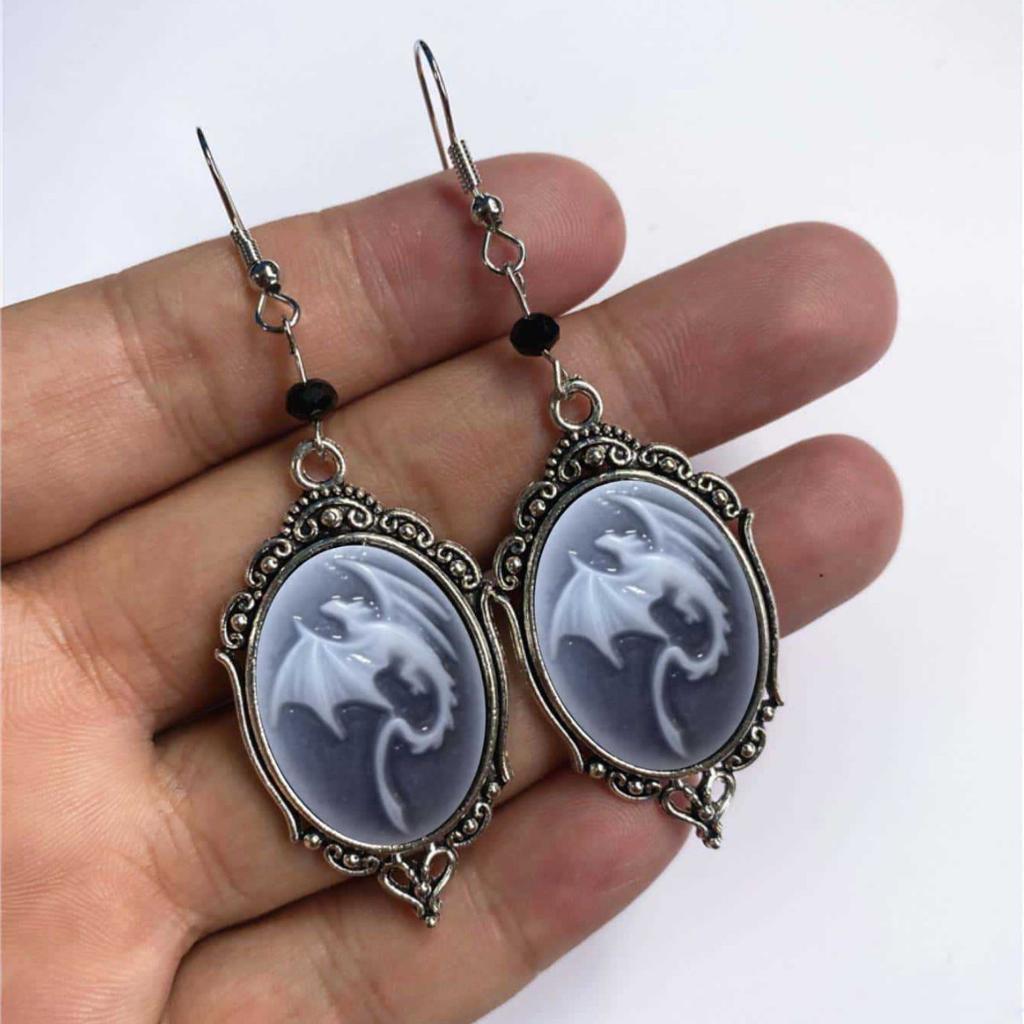 Vintage Gothic Dragon Pendant, Victorian Style, Black & White Cameo Dangle, Antique Earrings