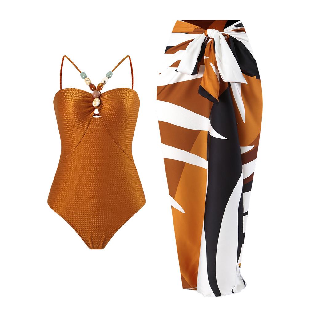 Women's Fashion Beads Swimsuit Sexy Hollow Out Bikini Set Padded Lace Up Back Monikini Slip Cover-up Swimwear Set Two PiecesTankini Bathing Suit