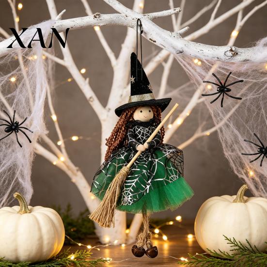 Witch Doll Decoration Halloween with Broom, Small Hanging Figurine for Gauze Skirt Haunted House, Door Window Decor Party Decorations