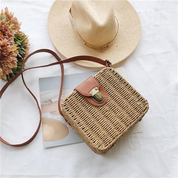 Straw Crossbody Bag For Women Bohemian Small Knitting Summer Purse And Handbag Vacational Square Beach Bags