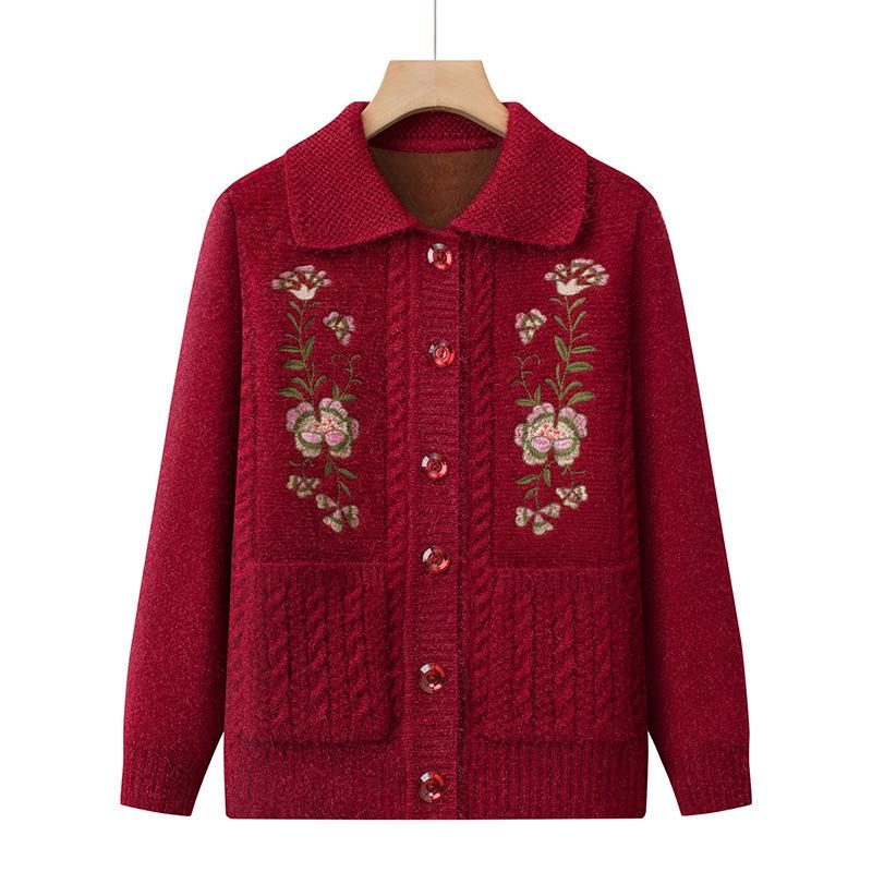 Dicker Strick-Cardigan für ältere Frauen: Oma-Stil, Pullover mit Kragen für Herbst und Winter.