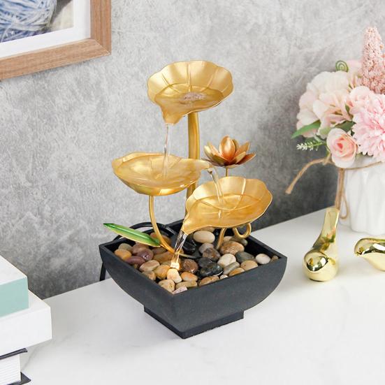 Yousheng Gold Tabletop Water Fountain 3-Tier Waterfall Fountain with Light Indoor Lotus Desktop Small Fountain with Rocks for Zen Home Office Bedroom