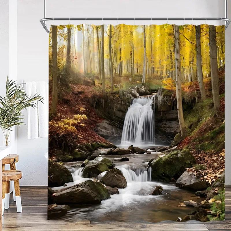Autumn Forest Landscape Shower Curtains Red Maple Trees Waterfall Log Cabin Bear Fall Scenery Fabric Home Bathroom Curtain Decor