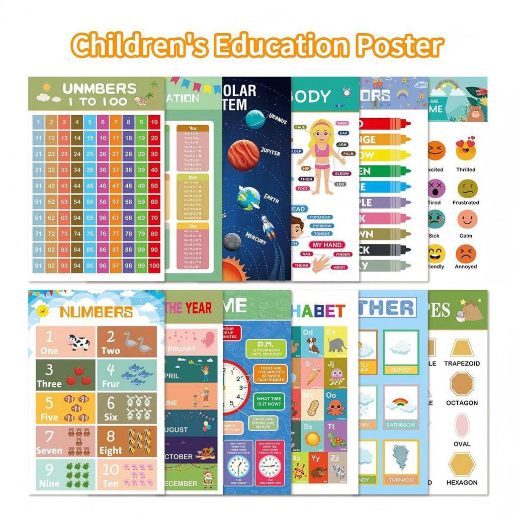 Preschool Learning Posters School Educational Charts 12 Pieces Time Numbers Letters Charts For Travel Boy Preschoolers Develop