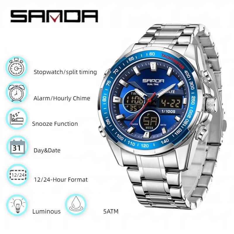 SANDA Stereoscopic Dual Display Watch Men's Steel Band Sunday Date 12/24 Hour 5ATM Waterproof Night Light Alarm Clock