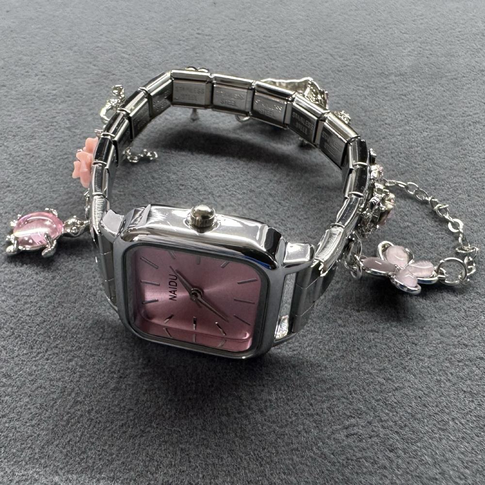 Italian Charm Bracelet Watch Stainless Steel Square Module Bracelet Watch Diamond Pendant 9mm Italian Charm Watch for Women