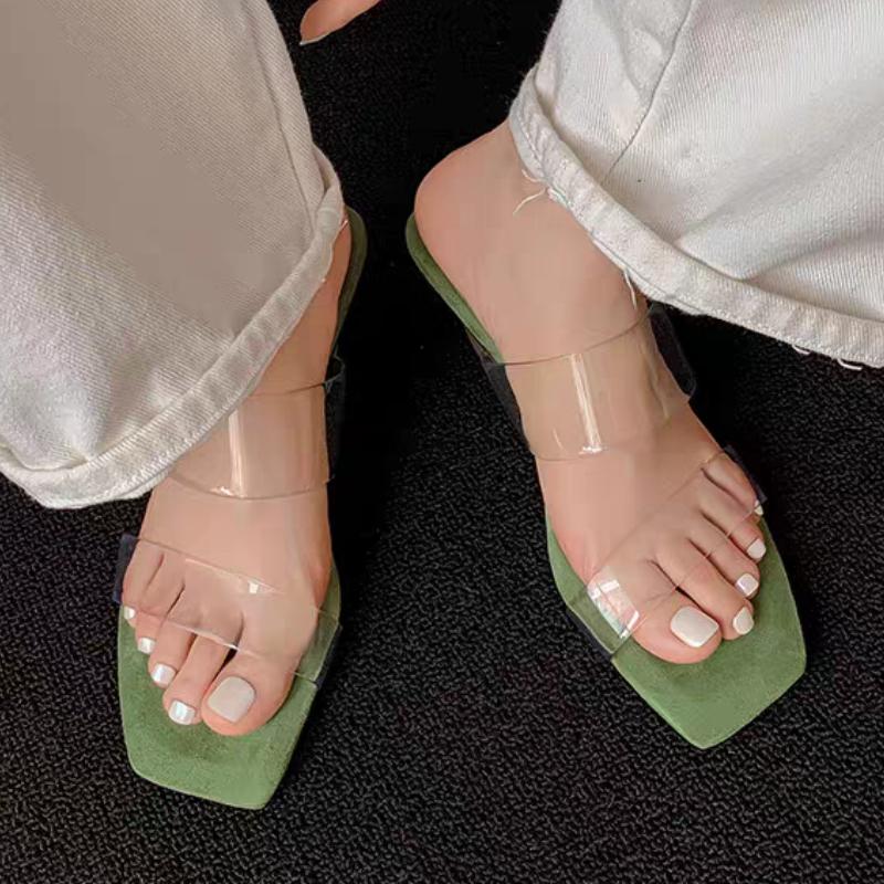 Fashion Designer Women's Mid Heels Slippers Square Toe Pvc Heeled Sandals Woman Shoes 2025 Trend Summer New Slides Fashion Chunky Pumps