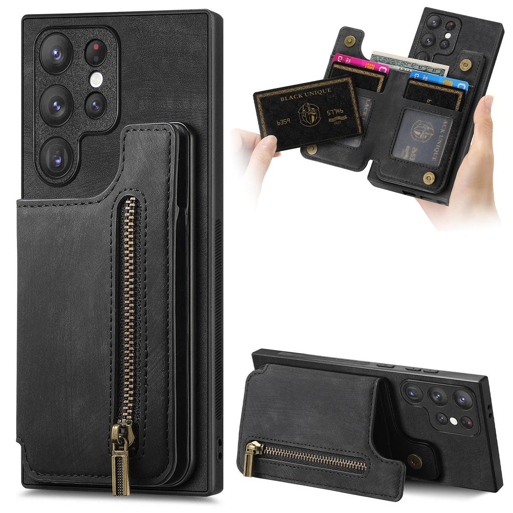 D15 For Samsung Galaxy S23 Ultra Case Retro PU+TPU Zipper Wallet Phone Cover with Kickstand