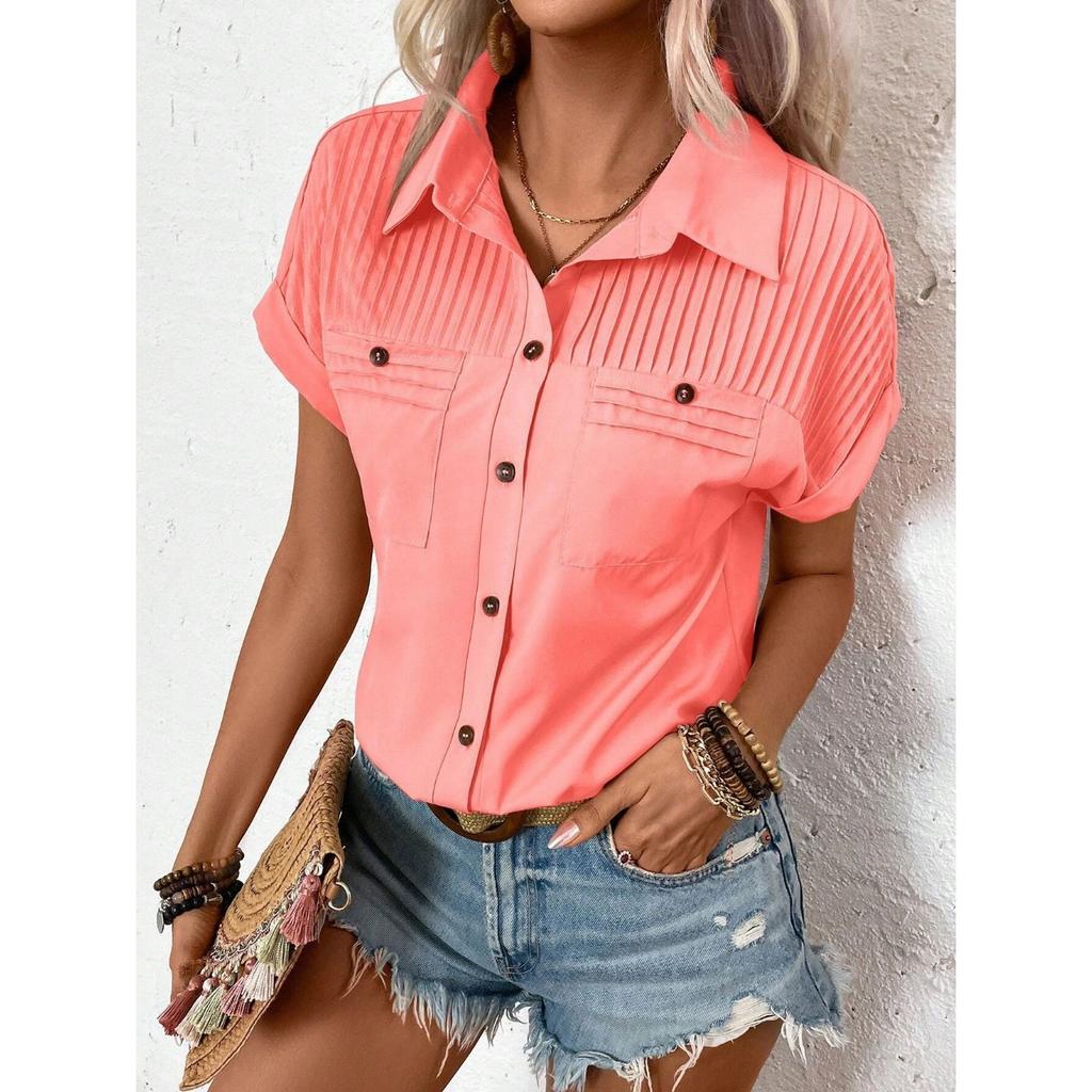 GMXIA Pure Color with Buckle Lapel Shoulder Pleated Pocket Insert Shoulder Short Sleeve Top Inch T-shirt Woman
