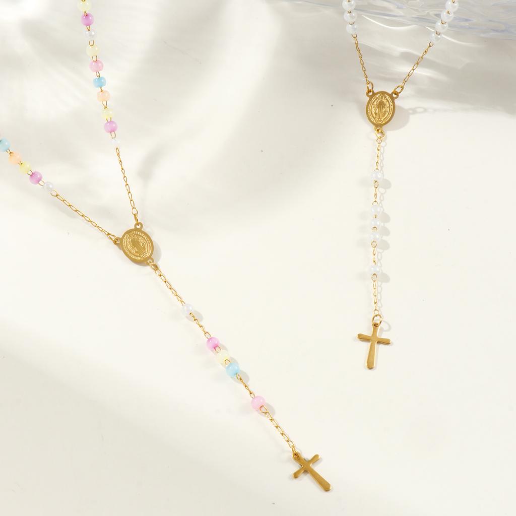 Chaîne perlée Croix Chapelet Collier 304 Acier Inoxydable Plaqué Or 55cm(21,7") St. Médaille de Saint Benoît Religieux Rétro