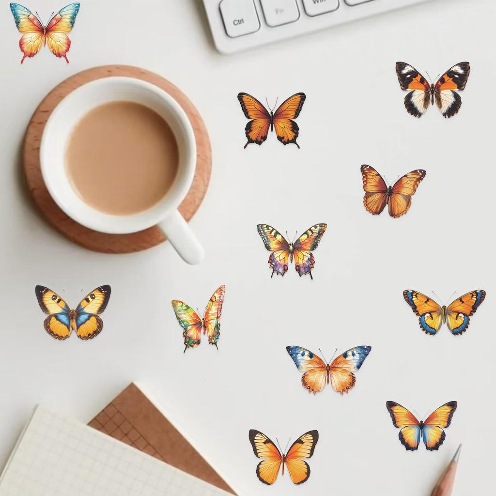 50 Transparent Colored Butterfly Sticker Pack, Waterproof Transparent PET Manual Material Decorative Guitar Notebook