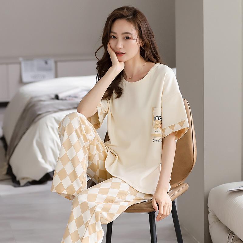 Women's Summer Cotton Pajamas: Short Sleeve Top & Long Pants, Stylish, Casual, Loose Fit, Plus Size, Outdoor-Friendly Loungewear