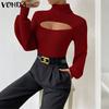 VONDA Women Turtleneck Long Sleeve Cutout Casual Fitted Knitwear Sweaters Jumpers