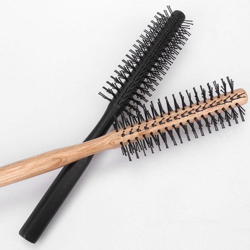 BEPAN Wood Handle Round Hair Curling Brush Hair Salon Styling Drying Tool Hairdressing Curling Massage Roller Comb with Nylon Bristles