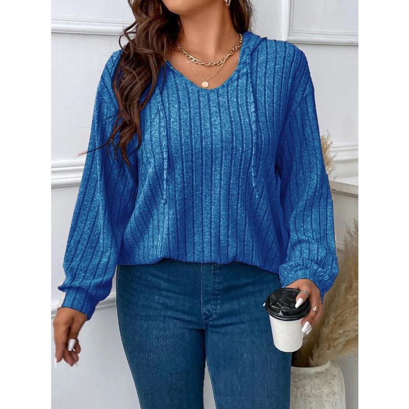 Damen Plus Size Unifarben Gerippt V-Ausschnitt Mit Kapuze Langarm Locker Lässig Strickoberteil