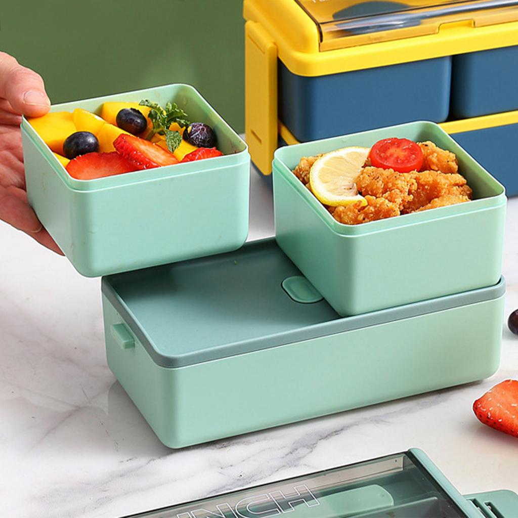 Bento Box Two Layers Green with Divider Food Grade Plastics Microwave Safe Lunch Container for