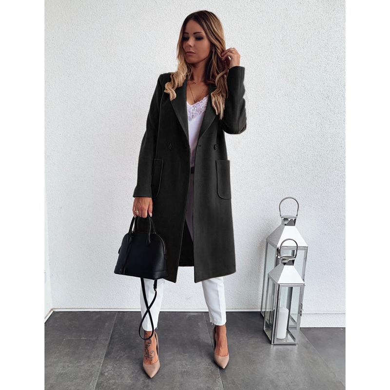 Women's Fashion Winter Solid Colour Mid-length Double-breasted Long Sleeve Woolen Coat