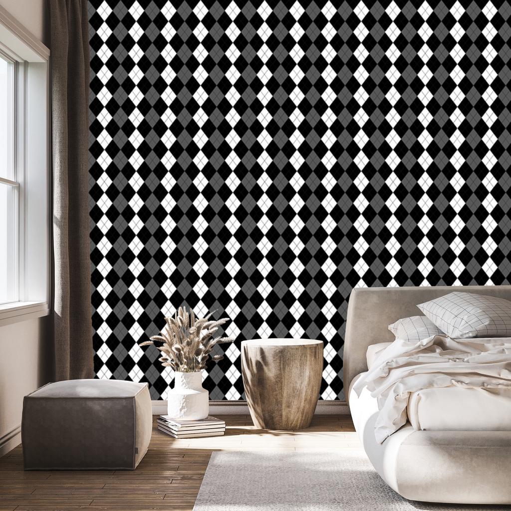 Black and white checkered wallpaper, graphite and black, for living room and bedroom, 50x1000
