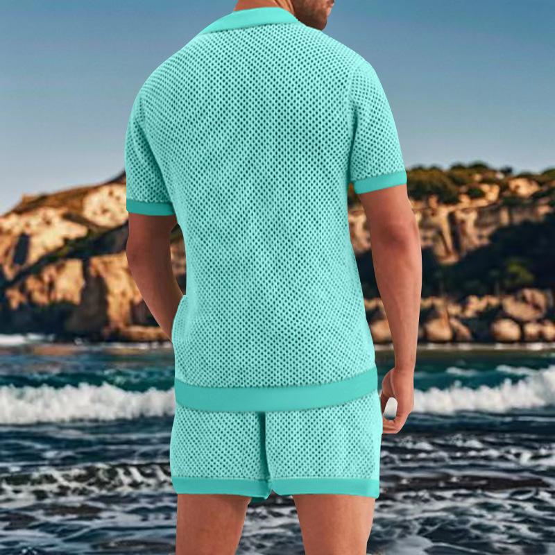 Completo 2 Pezzi da Uomo Estivo Traspirante in Rete con Colletto a Rever T-Shirt e Set di Pantaloncini Design Fresco Sexy con Tessuto Forato Abbigliamento da Spiaggia