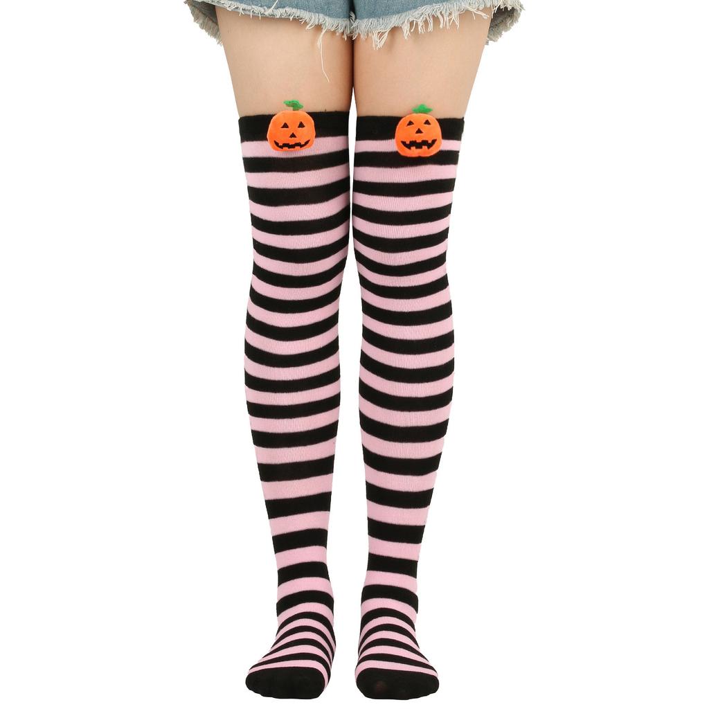 Women Cute 3D Evil Pumpkin Striped Over Knee Long Socks Thigh High Stockings for Halloween Cosplay Party Costume Hosiery