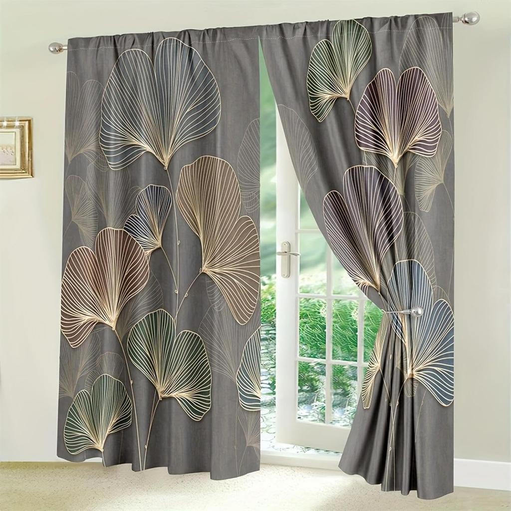 Flat Curtains Made Polyester Material Featuring Line Fan Leaf Printing Art Design Suitable Bedrooms Home Curtain Set Of 2 Washable Master Bedroom