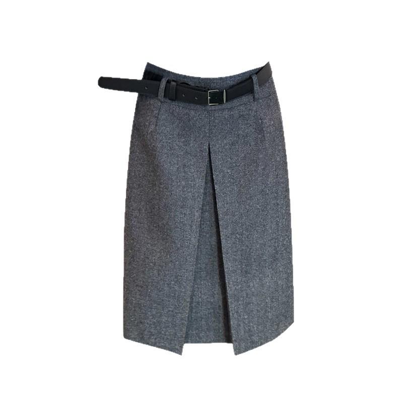 

Korean Style High-Waist Woolen Midi Skirt - Herringbone Split Design, Versatile Autumn/Winter Wear for Women L