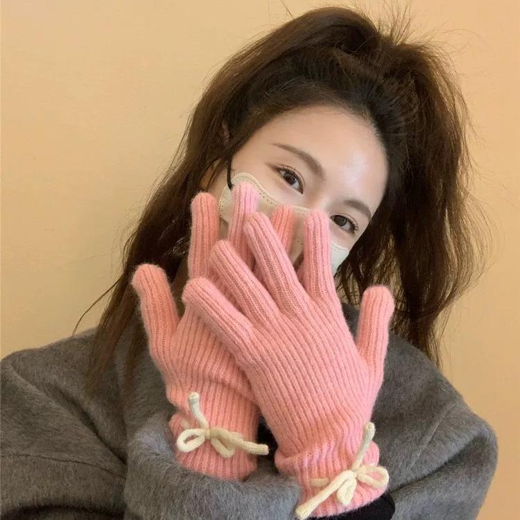 Student Cycling Gloves Autumn and Winter Cute Bow Knitted Gloves Female Students Split Finger Fingerless Gloves Autumn and Winter Warm
