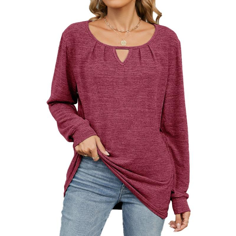 Autumn Winter Solid Color Wrinkled Brushed Hollow Loose Long Sleeved T-shirt for Women Shirt