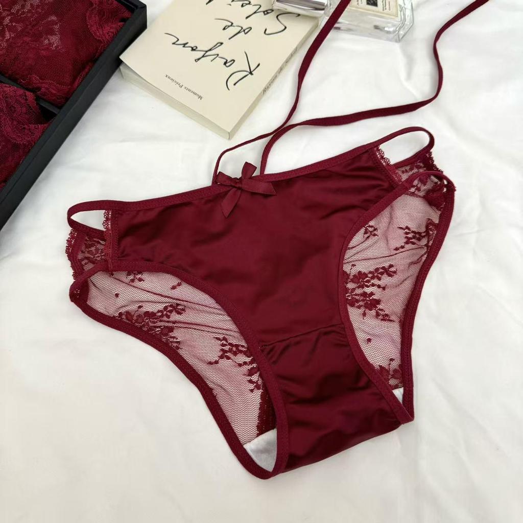 Elegant French Red Lace Low-Waist Thongs: Sexy & Festive Women's Wedding Panties
