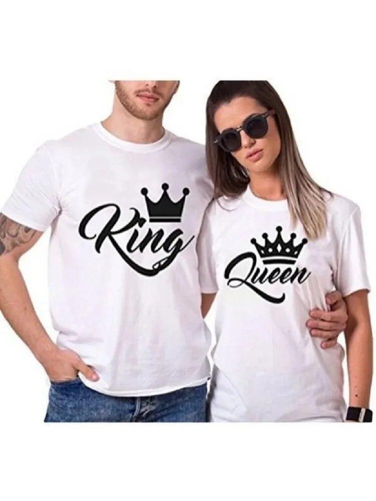 100% Cotton T Shirt KING QUEEN Letter Crown Printed Black White T-shirts Summer Casual Couple Lovers Tshirt Tops Clothes Unisex