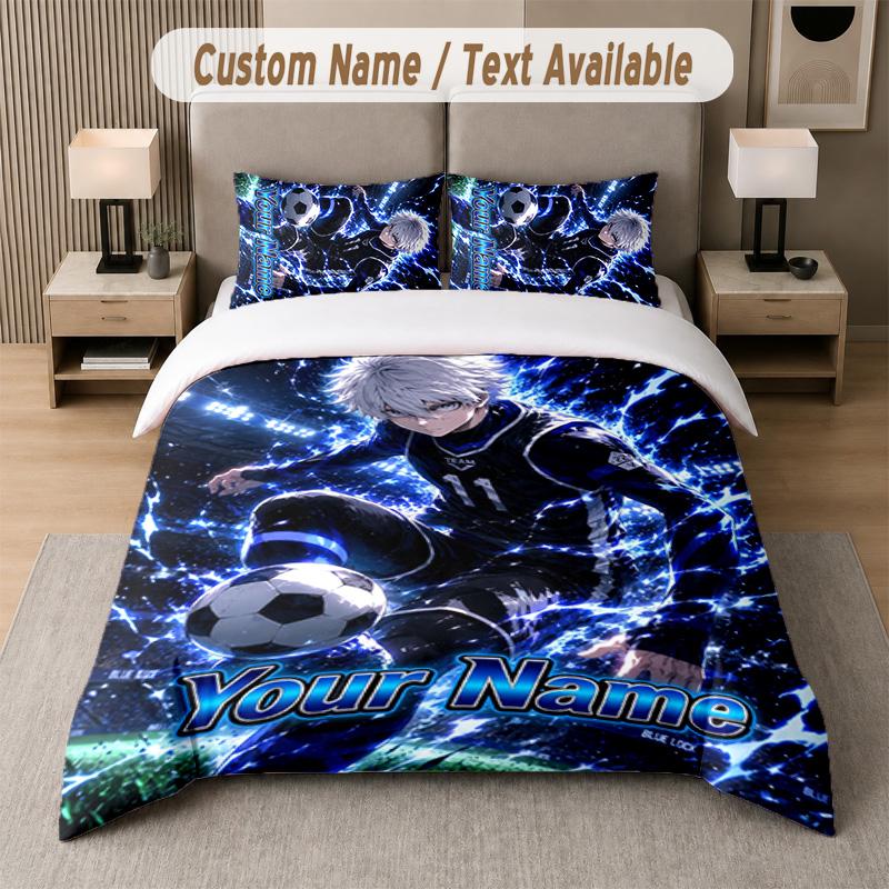 Blue Lock 3Pcs Bedding Set, Personalized Custom Name Text, 1 Duvet Cover & 2 Pillowcases For Bedroom