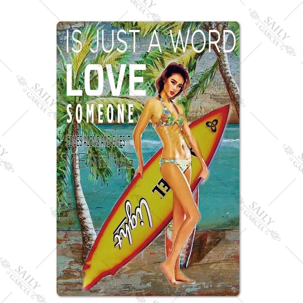 Vintage Surfing Girls Metal Sign Posters for Home Decor Fashion Art Wall Mural Bar Pub Sign Decor Metal Plate