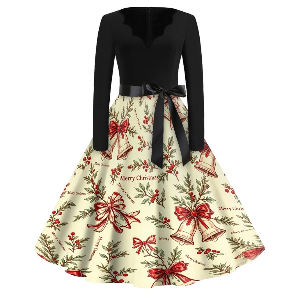 Women's Casual Vintage V-Neck Dress with Christmas Snowflake and Tree Print for Holiday Parties