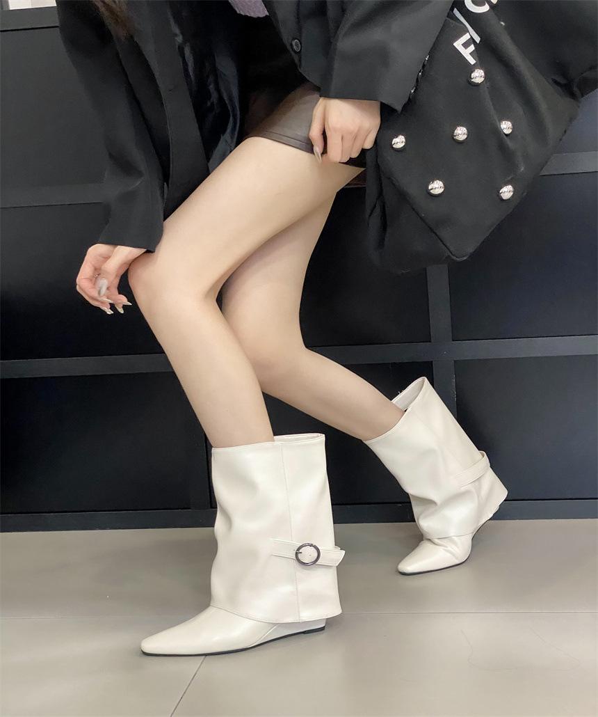 

White temperament wedge heel short boots women s 2025 autumn and winter new inner height increase medium boots small retro trouser boots 40 білий