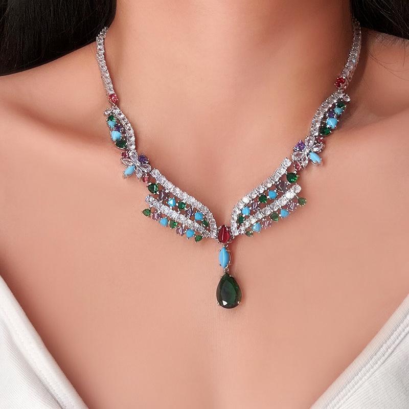 Luxury Zirconia Flower Earring & Necklace Set - Water Drop Design, High-End Fashion Accessories for Women