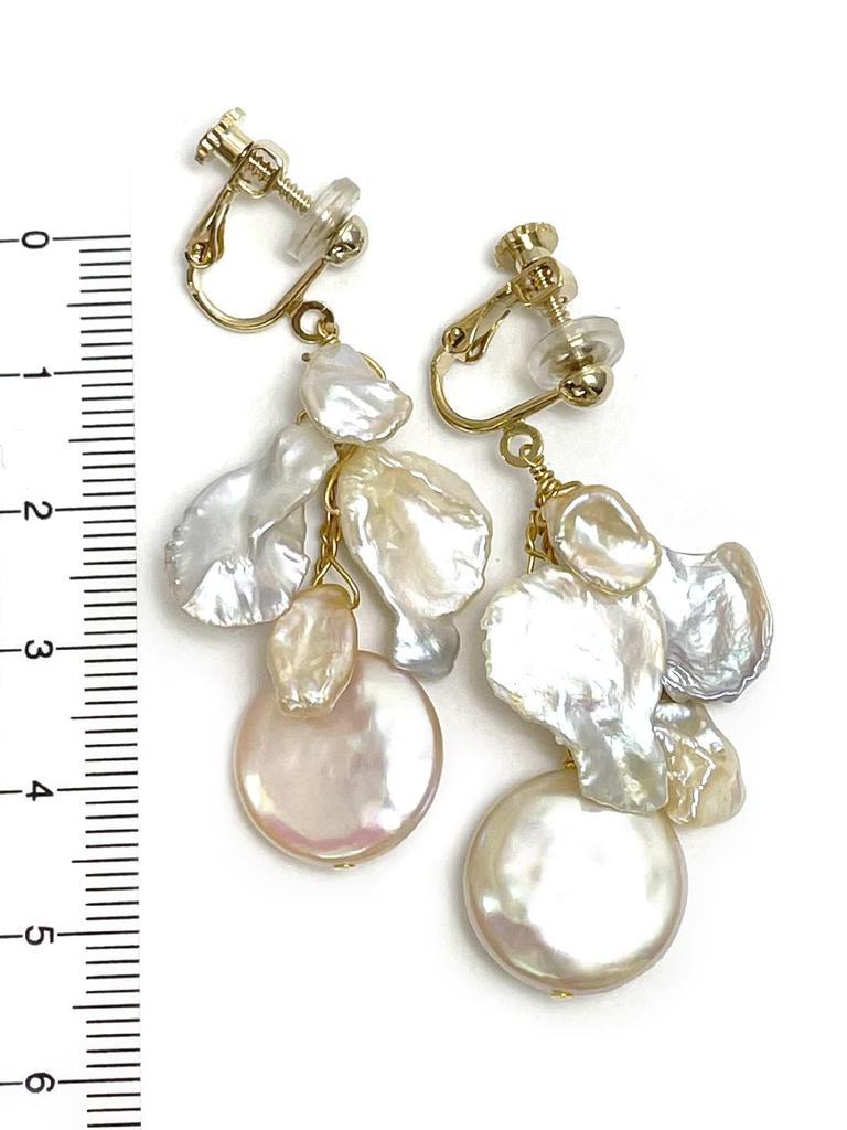 Freshwater Pearl Coin Petal Earrings with Silicone Natural Power Stone A1037 [Cherry] Cover, Stone,