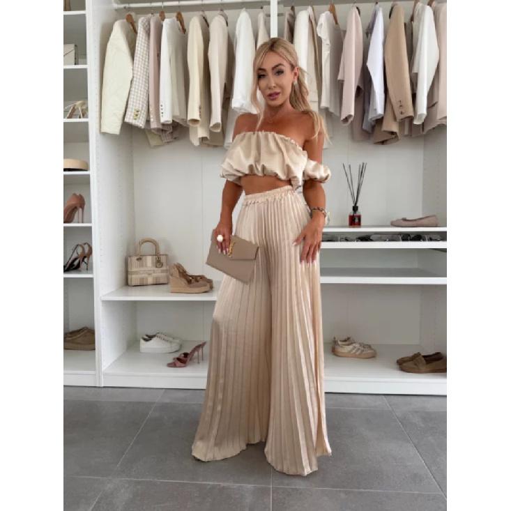 Eleganter einfarbiger Sommer-Neuzugang Damen Langarmweste und plissierte Hose Set Modisches und stilvolles Outfit