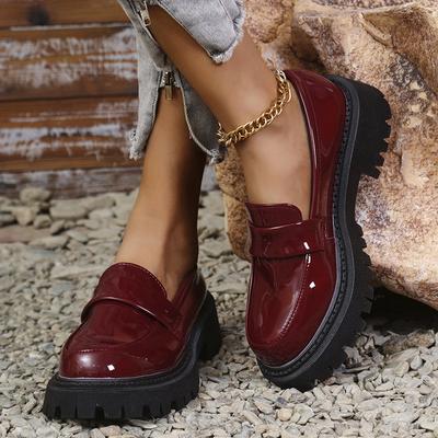 Sapatos femininos de couro envernizado, salto médio, cor sólida, plataforma slip-on, sola grossa, antiderrapante, sapatos de escritório femininos
