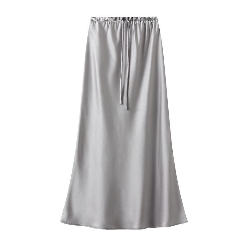

Women s Drawstring Satin Maxi Skirt High Waist Silk A Line Flowy Long Skirts for Women Casual High Waist Flared Cocktail Skirt for Office Party L сірий колір