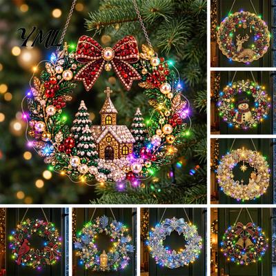 DIY Home Holiday Decor Acrylic Christmas Faux Pearl Art Hanging Kit, Lighted Wreath 3D Beaded Craft Painting Set Kit with LED String Light,